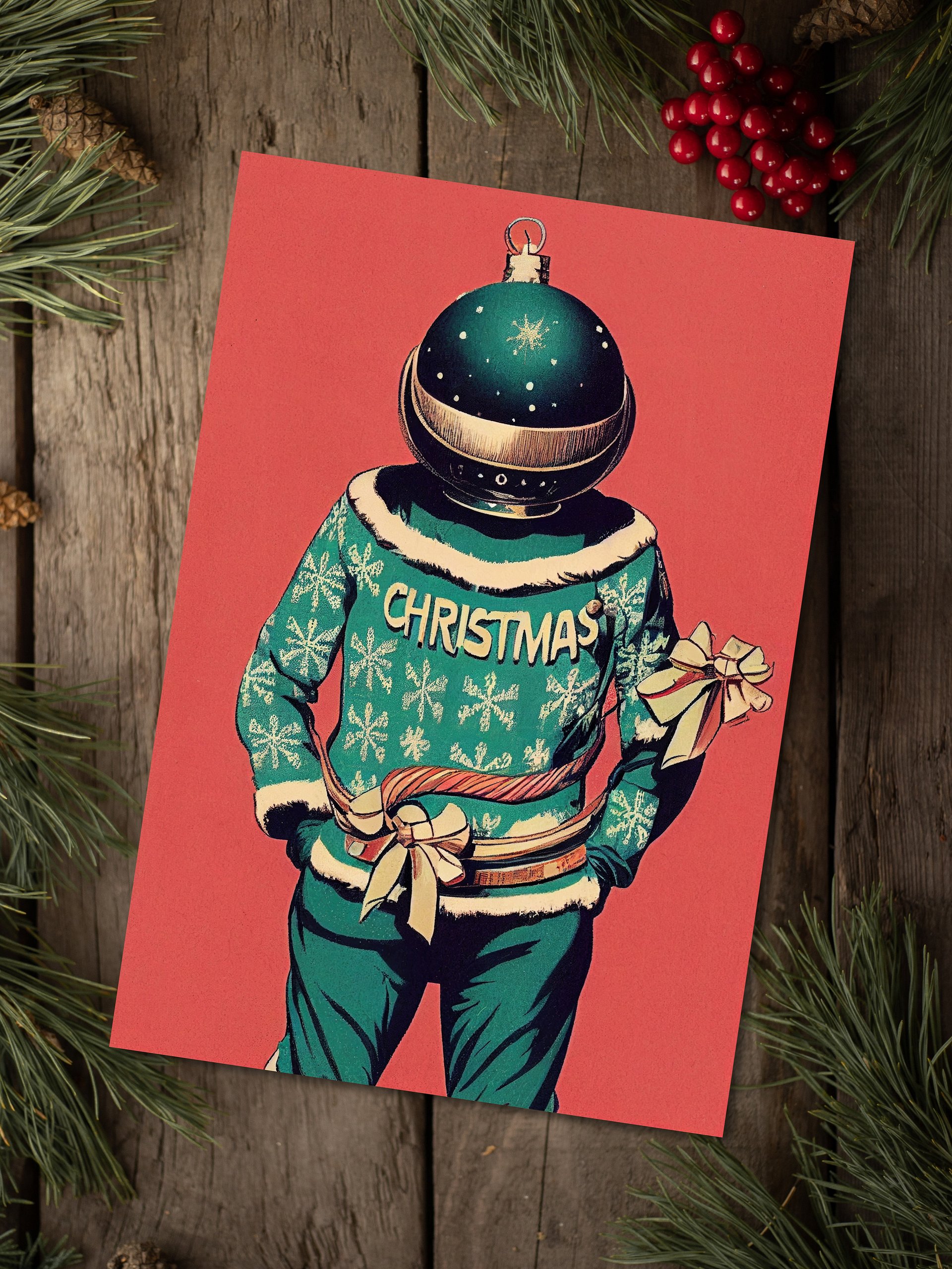 Retro Bauble Spaceman Ugly Sweater Kitsch Christmas Cards Pack of 10 • 5×7 product image (3)