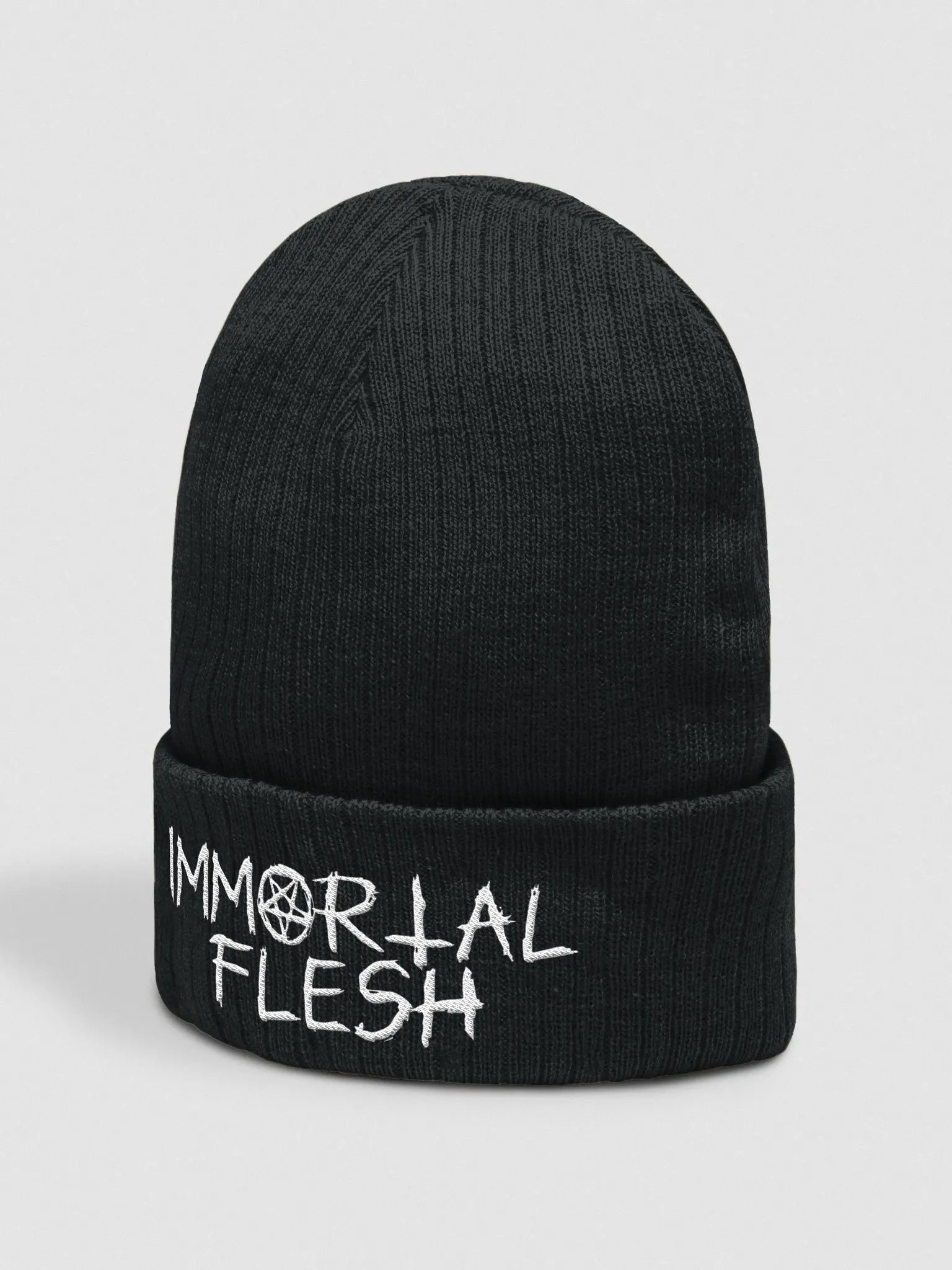 Immortal Flesh Pentagram Script Ribbed Toque / Beanie White Script product image (2)