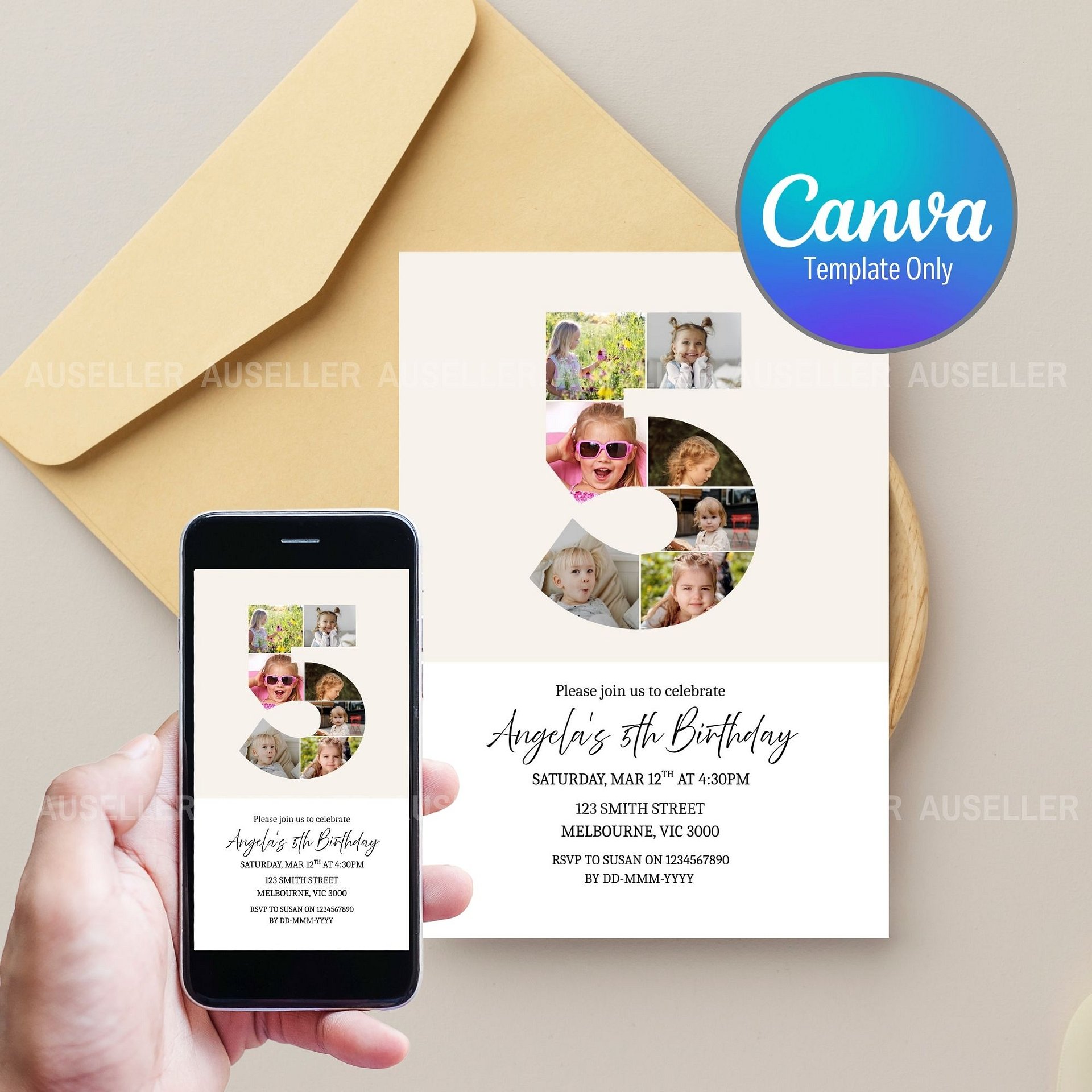 5th Birthday Photo Collage Editable Invitation Template product image (1)