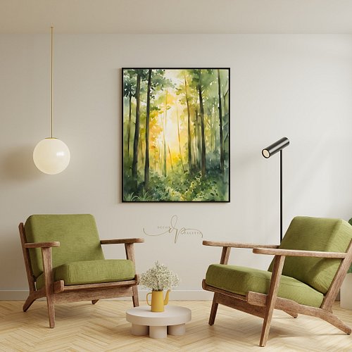 This Watercolour Painting Printable Wall Art of FOREST SUN is perfect for displaying in your living room, bedroom, office spa...