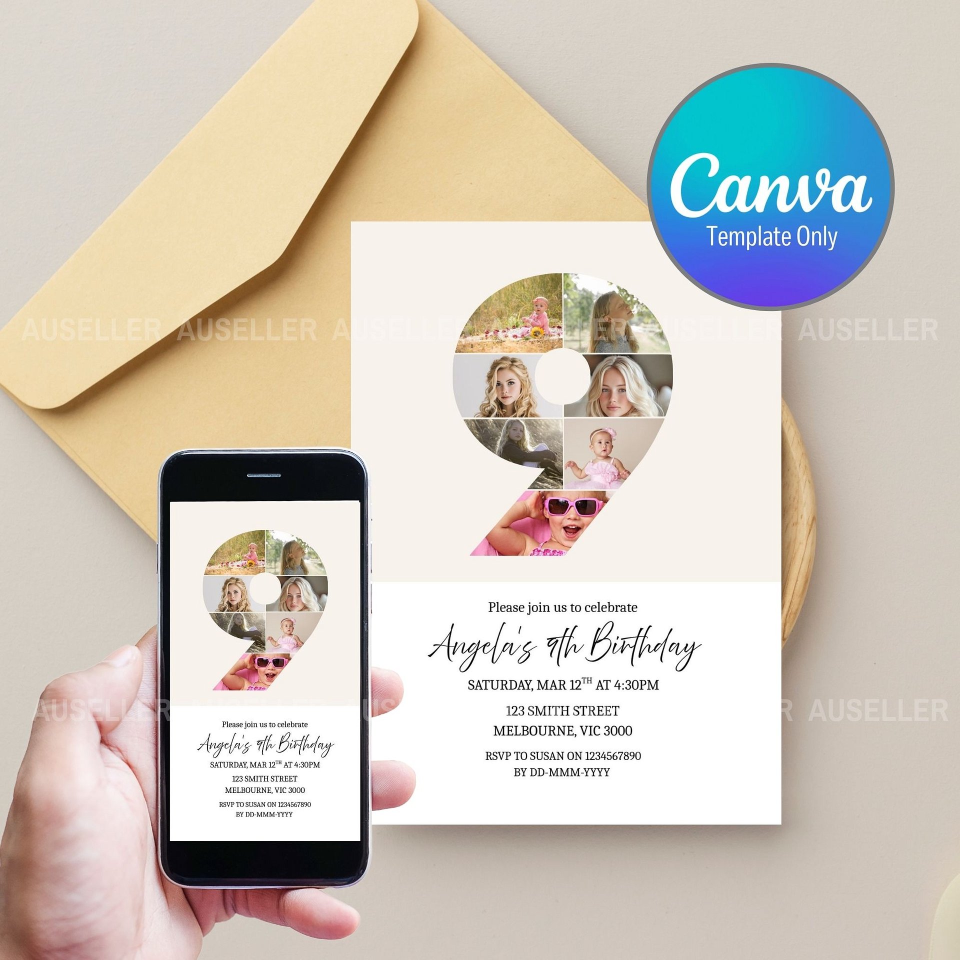 9th Birthday Photo Collage Editable Invitation Template product image (1)