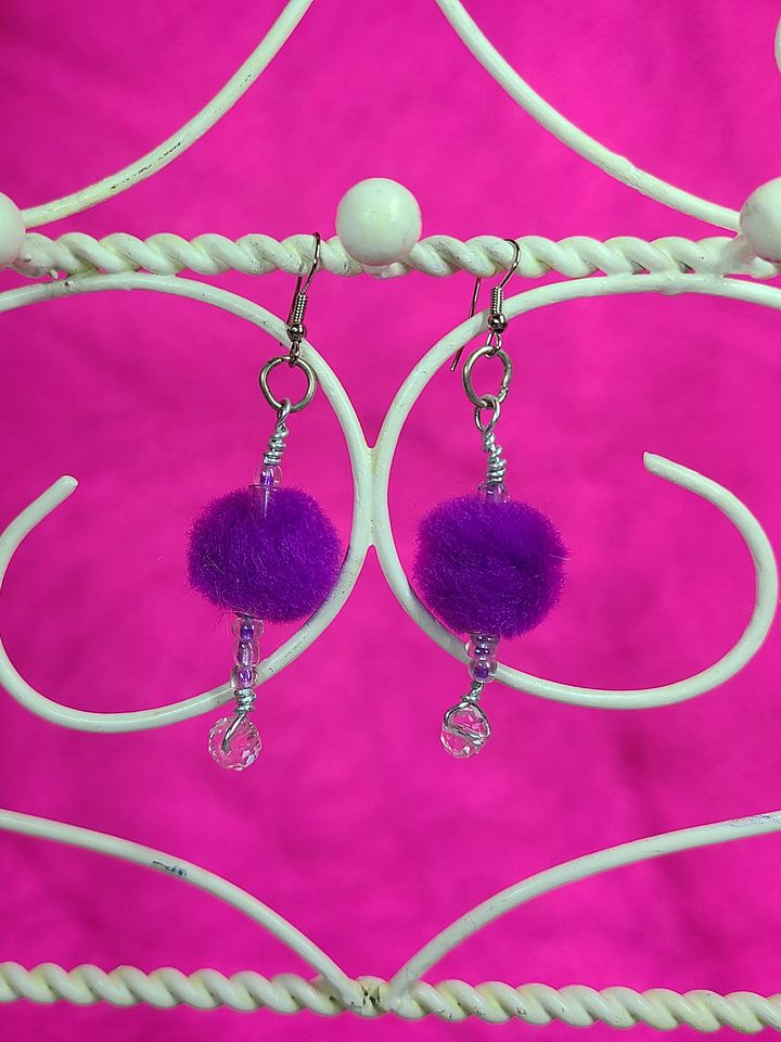 Purple Pom-Pom Rhinestone wire wrapped Earrings product image (1)