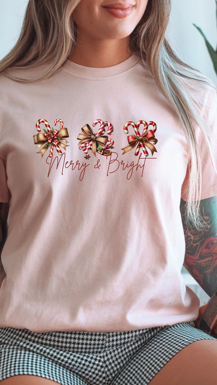 Merry & Bright T-Shirt | Christmas Holiday Tee | Festive Merry & Bright Shirt | Christmas Gift for Her | Festive Christmas Tee product image (27)