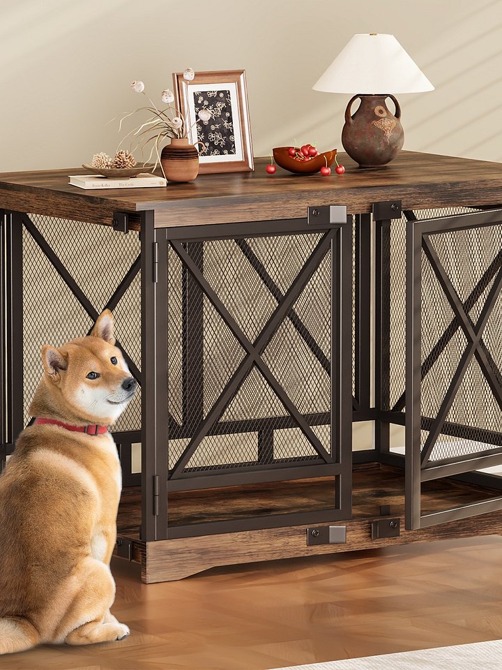 48 inch Extra Large Dog Crate Furniture,Double Door Indoor Kennel,End Side Table Wooden Dog Crates,Anti-Chew Anti-Escape, Wood product image (1)