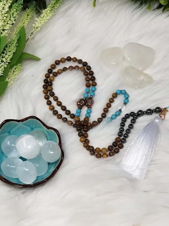Clarity Mala, Quartz, Hematite & Blue Howlite Necklace: Handcrafted Healing Stone Jewelry product image (1)