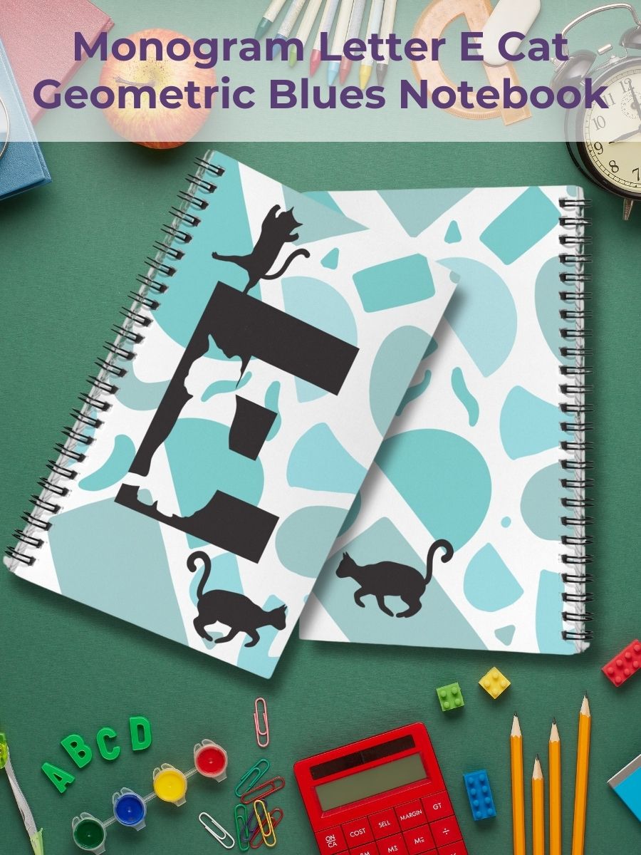 Monogram Letter E Cat Lover Geometric Blues Notebook product image (1)