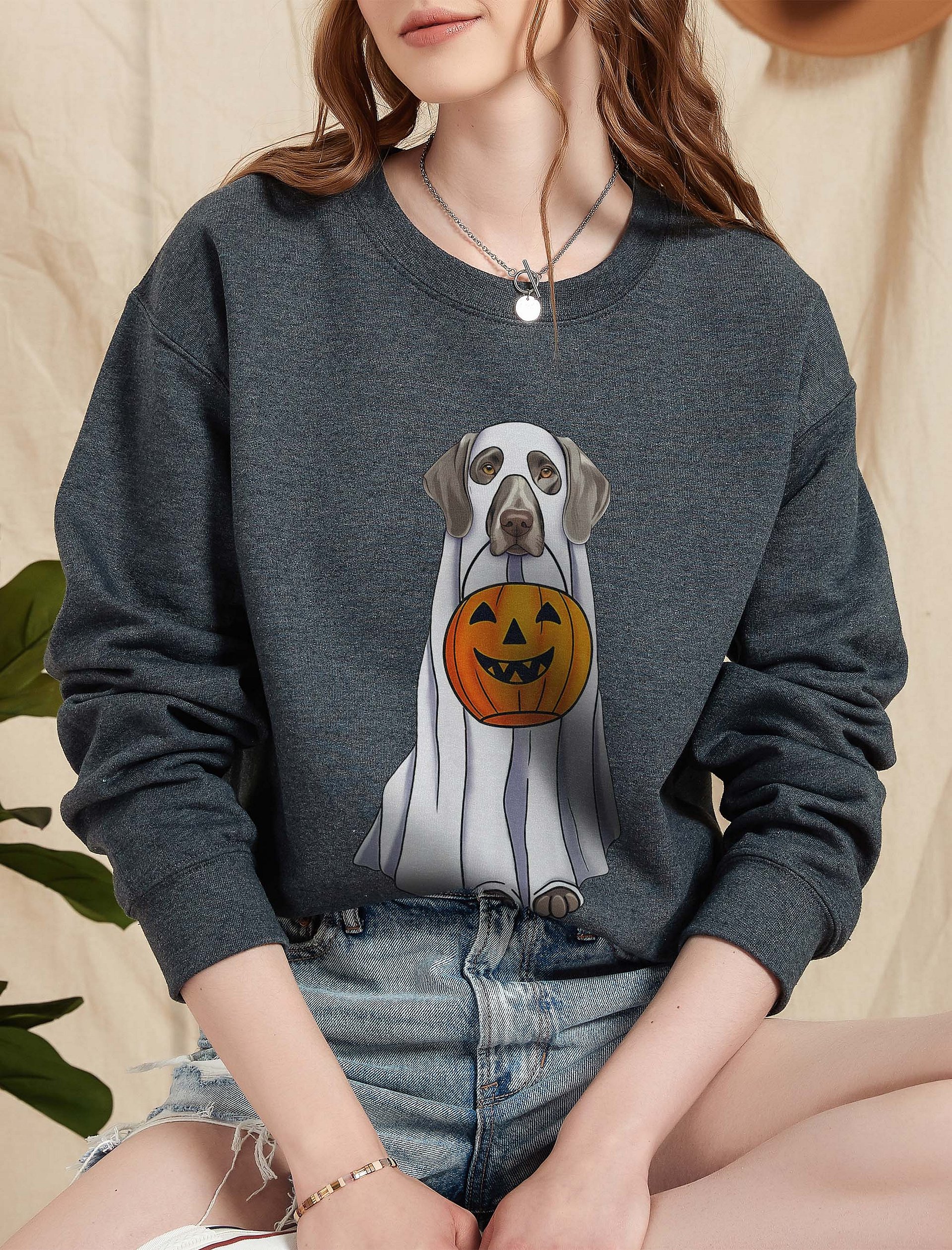 Weimaraner Halloween Sweatshirt | Funny Fall and Halloween Weimaraner Wearing a Ghost Costume with Pumpkin Basket product image (5)