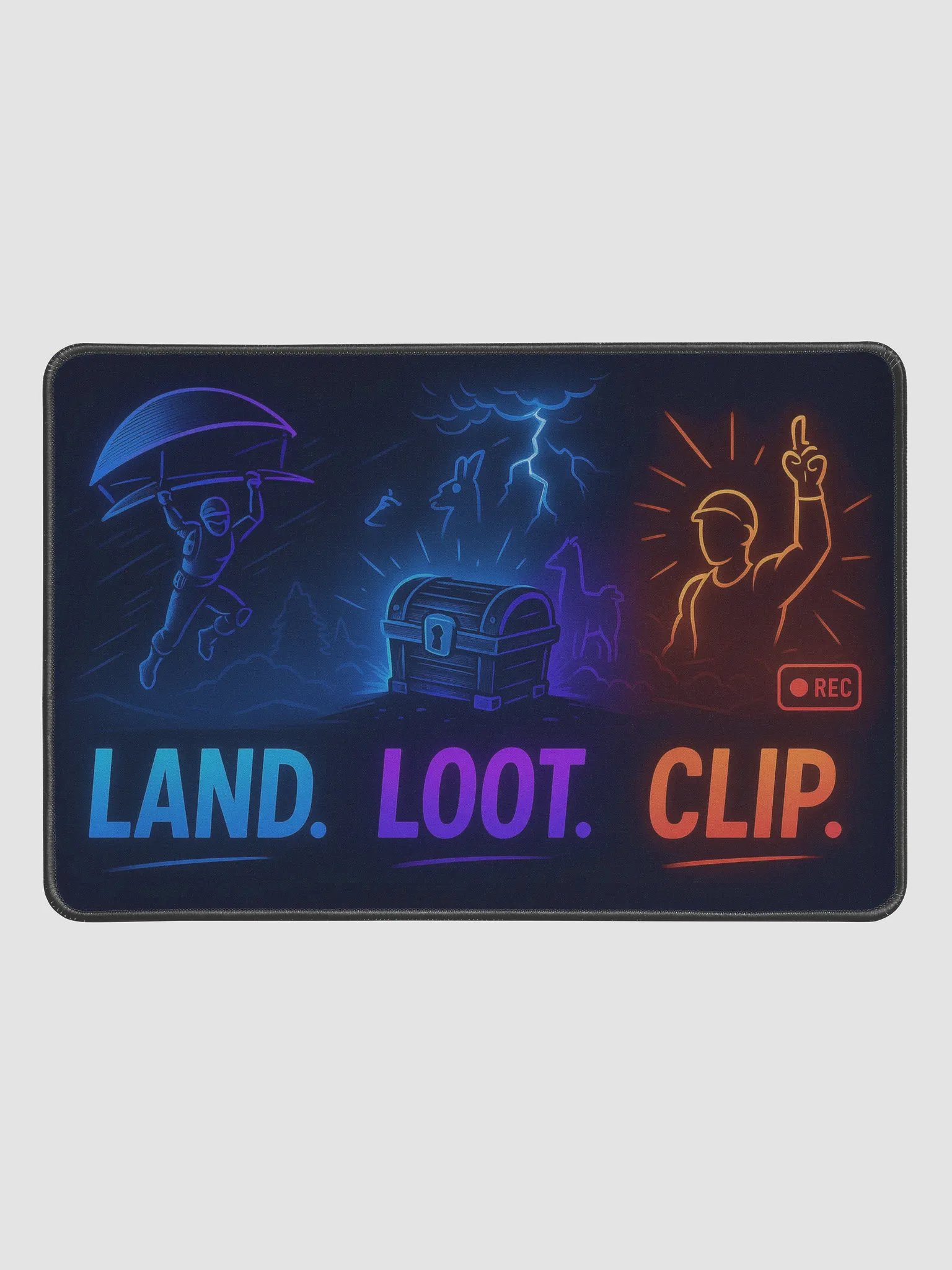 Land. Loot. Clip.” Neon Glow Mouse Pad (18" x 12") product image (1)