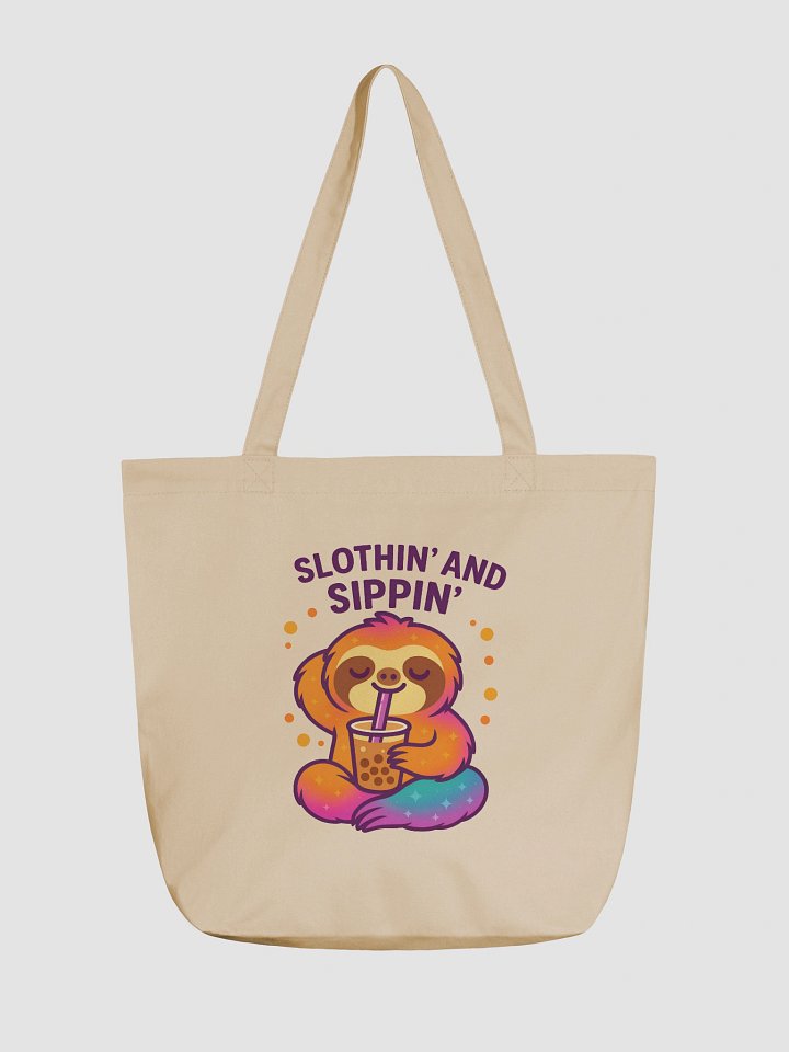 Slothin’ and Sippin’ – Funny Sloth Boba Tea Tote Bag (Double-Sided Print) | Eco Cotton Tote | Sloths Having Snacks Collection product image (1)