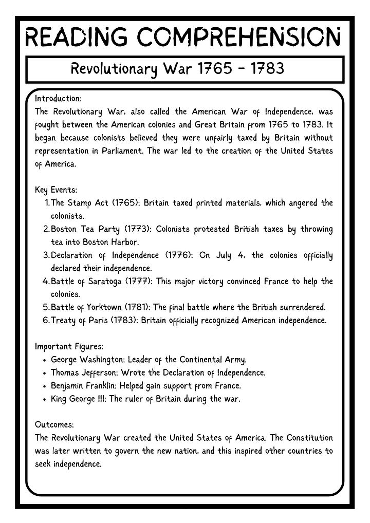 the American Revolutionary War READING COMPREHENSION WORKSHEET WITH 8 QUESTIONS PDF product image (2)
