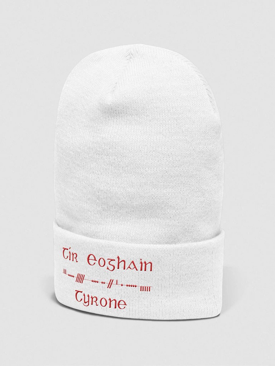 Tyrone/Tír Eoghain Scholastic style Ogham, white with red, embroidered Cuffed Beanie product image (2)