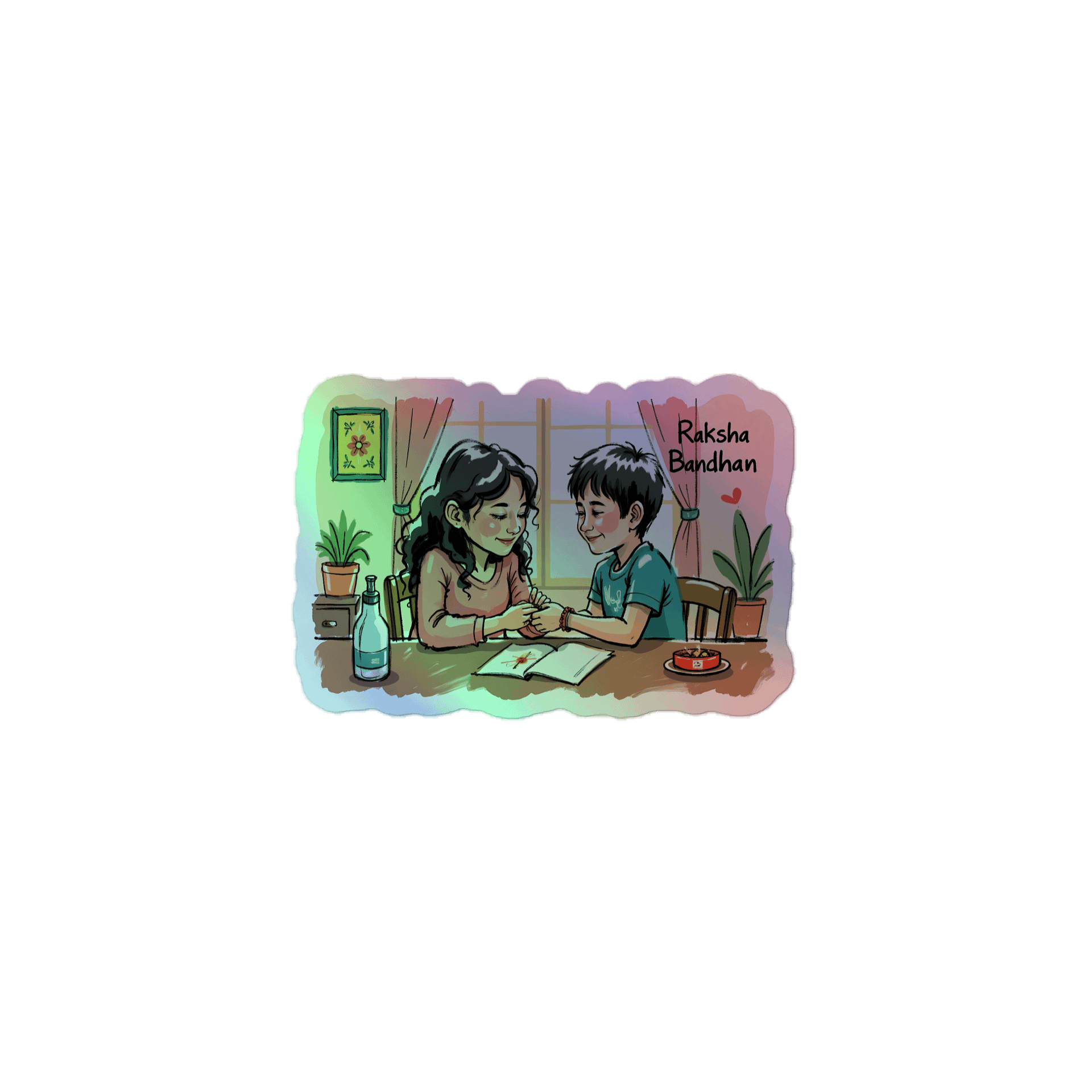 Sister-Brother Bond: Heartwarming Raksha Bandhan Art Holographic Sticker product image (1)