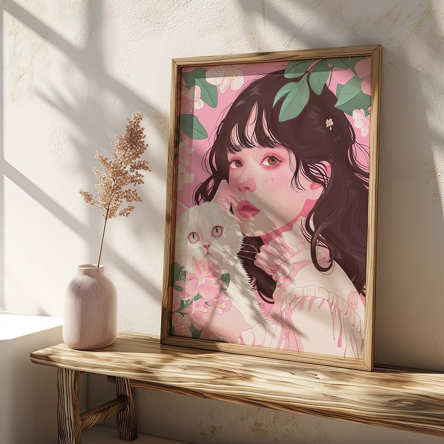 Girl with White Cat Portrait Coquette Art Print product image (21)
