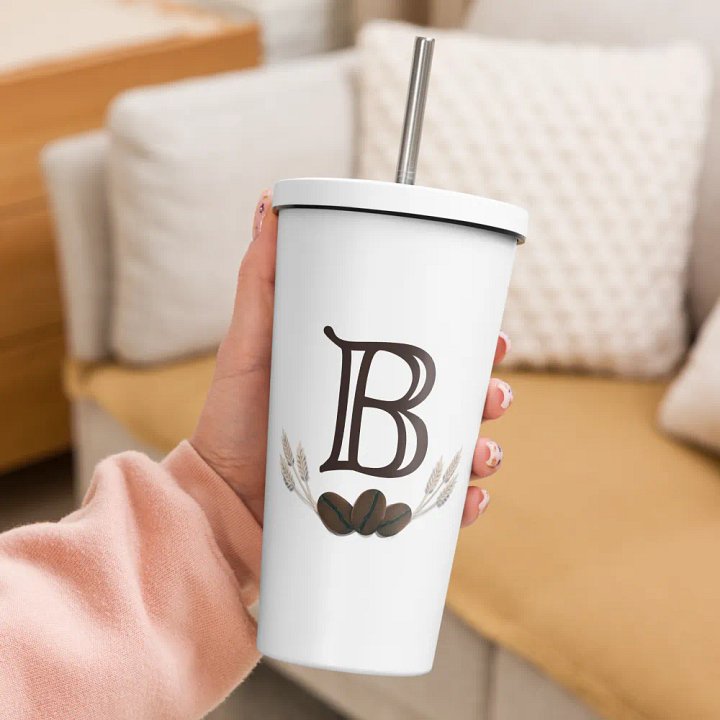 Bean and Barrel Brown Logo Insulated White Tumbler with Straw product image (2)