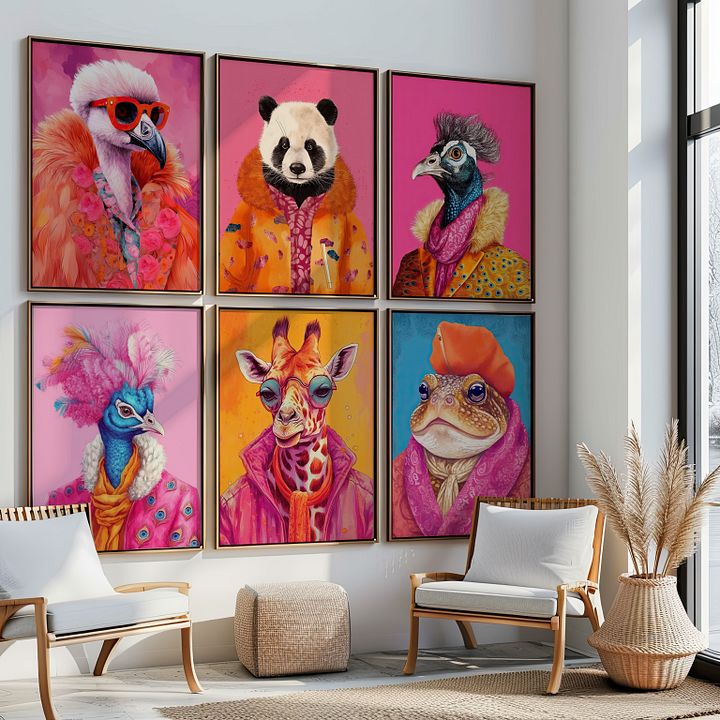 Colorful Animal Fashion Art DIGITAL Print Set of 6 ~Peacock, Panda, Giraffe, Toad, Flamingo~ product image (2)