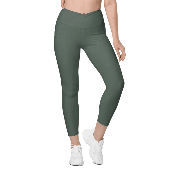 Plain Dark Sage Green Soft Summer Women's High Waisted Premium Crossover Leggings with Pockets by Treasure Pie product image (2)