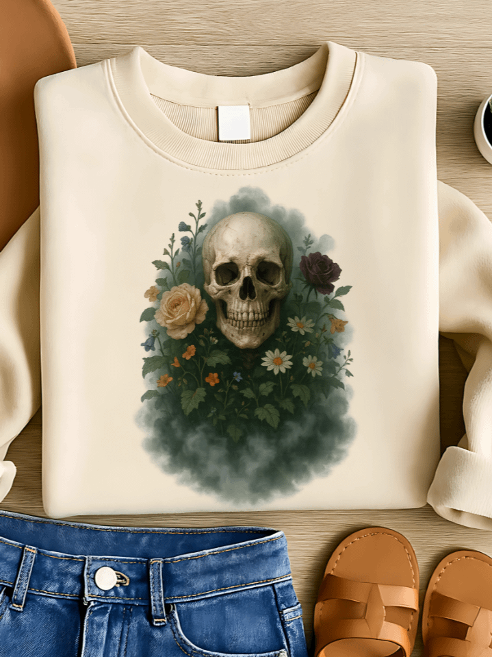 Haunted Garden Skull Sublimation PNG – Creepy Floral Halloween Clipart for T-Shirts – Eerie Whimsical Theme – 300 DPI Instant Digital Download product image (1)