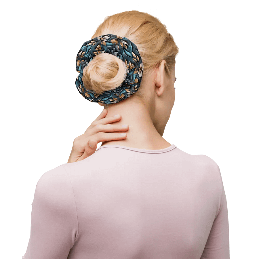 Hair Scrunchie - Sculpted Floral Pattern of Yellow-Brown Flowers on Textured Blue Background product image (10)