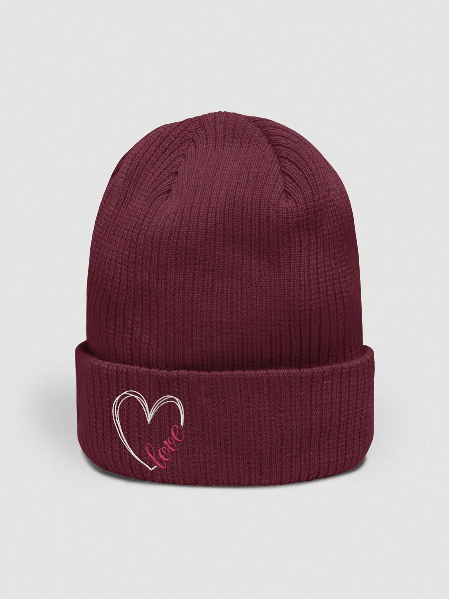 Stylized Heart with Love Embroidered Organic Cotton Ribbed Beanie product image (2)