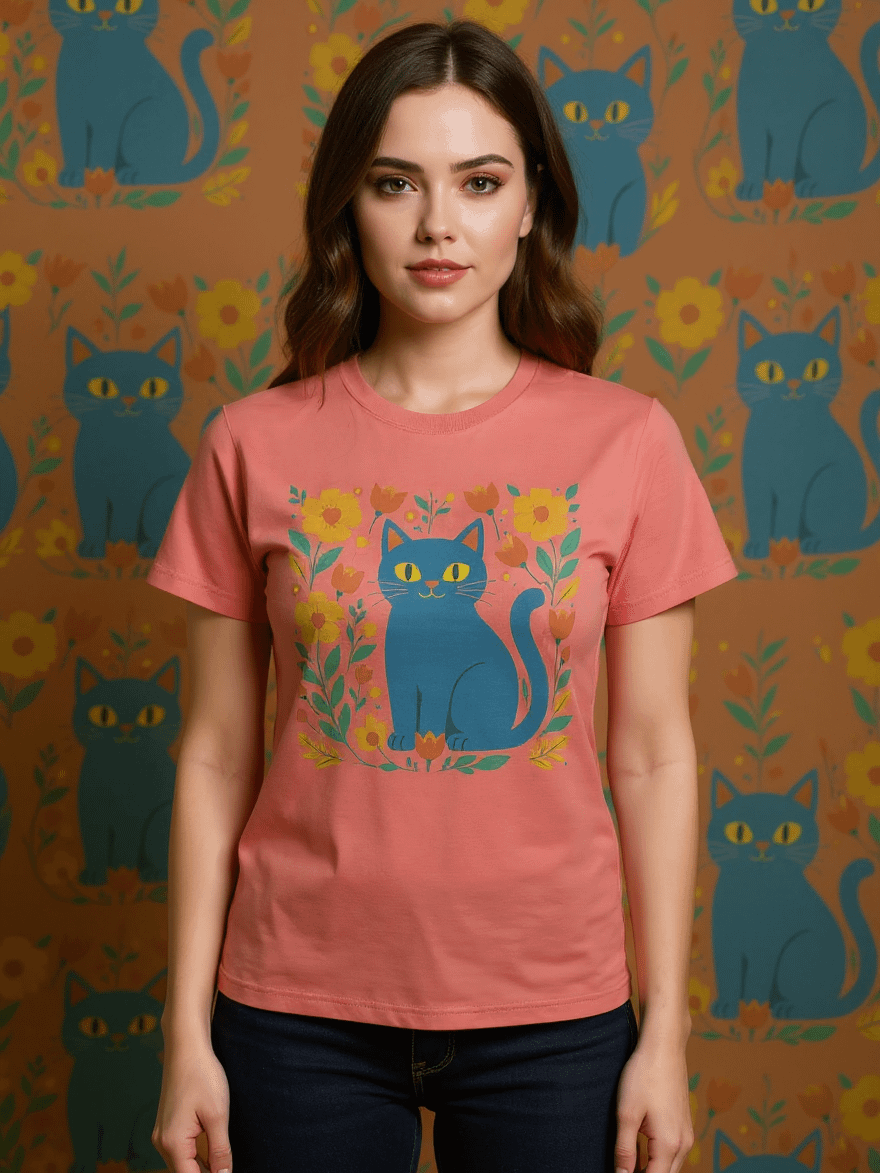 Whimsical Cat and Floral Delight T-Shirt product image (2)