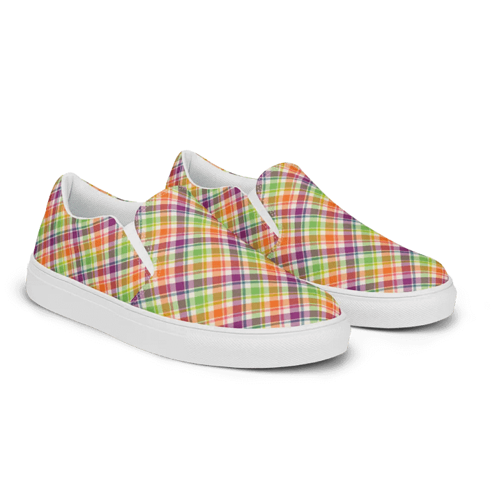 Purple, Orange, and Lime Green Plaid Women's Slip-On Shoes product image (2)