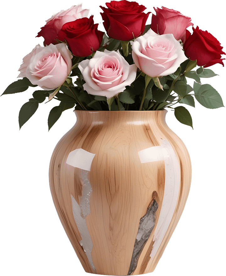 Natural Grace – Polished Wood Vase with Roses PNG product image (1)