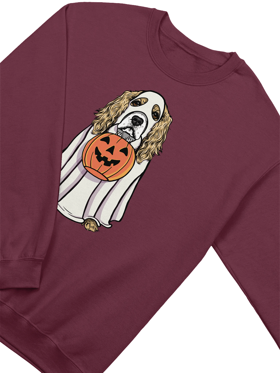Funny Halloween Cocker Spaniel(Lemon) Sweatshirt | Funny Cocker Spaniel Wearing a Ghost Costume and Holding a Pumpkin Basket product image (13)