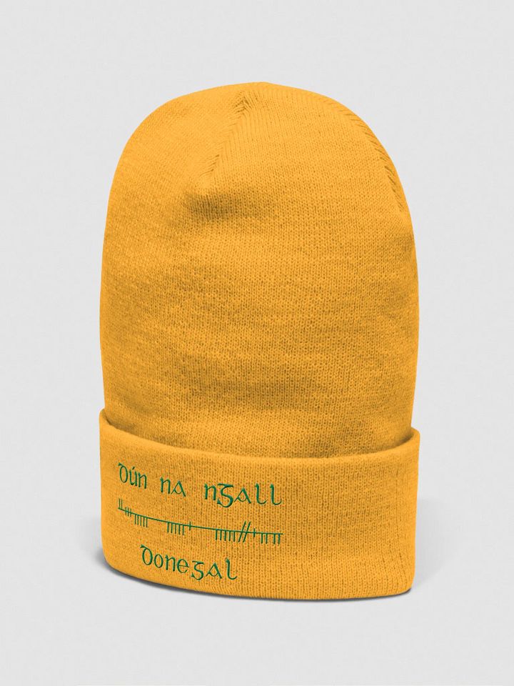 Donegal/Dún na nGall, Orthodox Style Ogham, Gold with Green, embroidered cuffed Beanie product image (2)