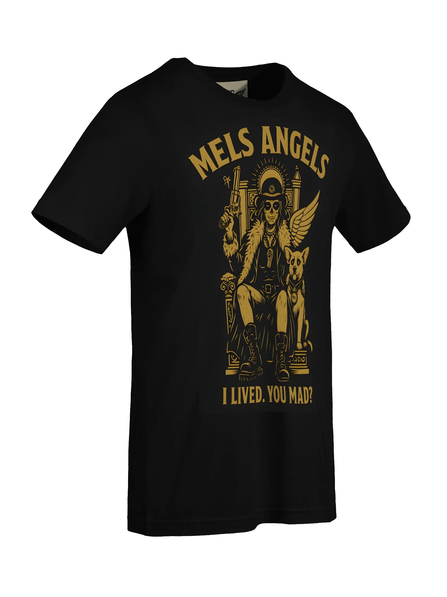 Mel’s Angels “I Lived. You Mad?” Gold T-Shirt – Bella+Canvas Unisex Graphic Tee, Rebel Dog Lover Apparel product image (8)