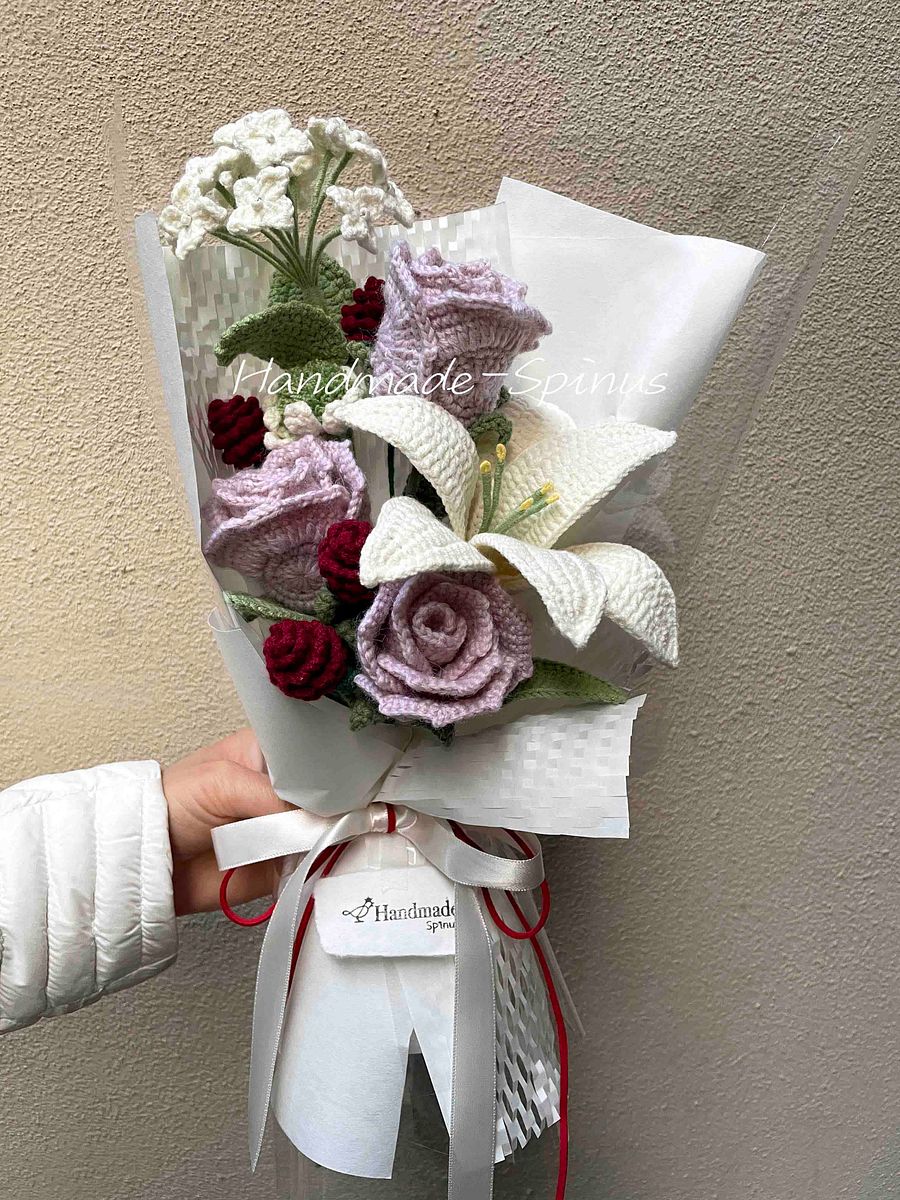 Pink Roses, Lilies And Red Crochet Knit Bouquet product image (3)