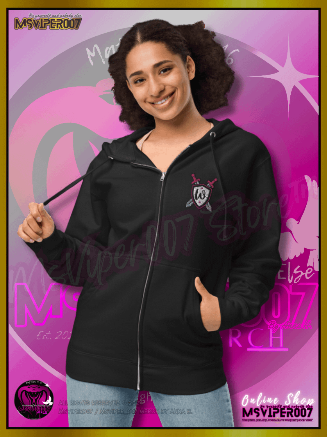 Hoodie [ Embroidered / DTG Design(s) ] - MsViper007's "Warrior Spirit-Plate Up!!!" - (flamingo / royal pink) Zip Up Hoodie By Anna H. product image (6)