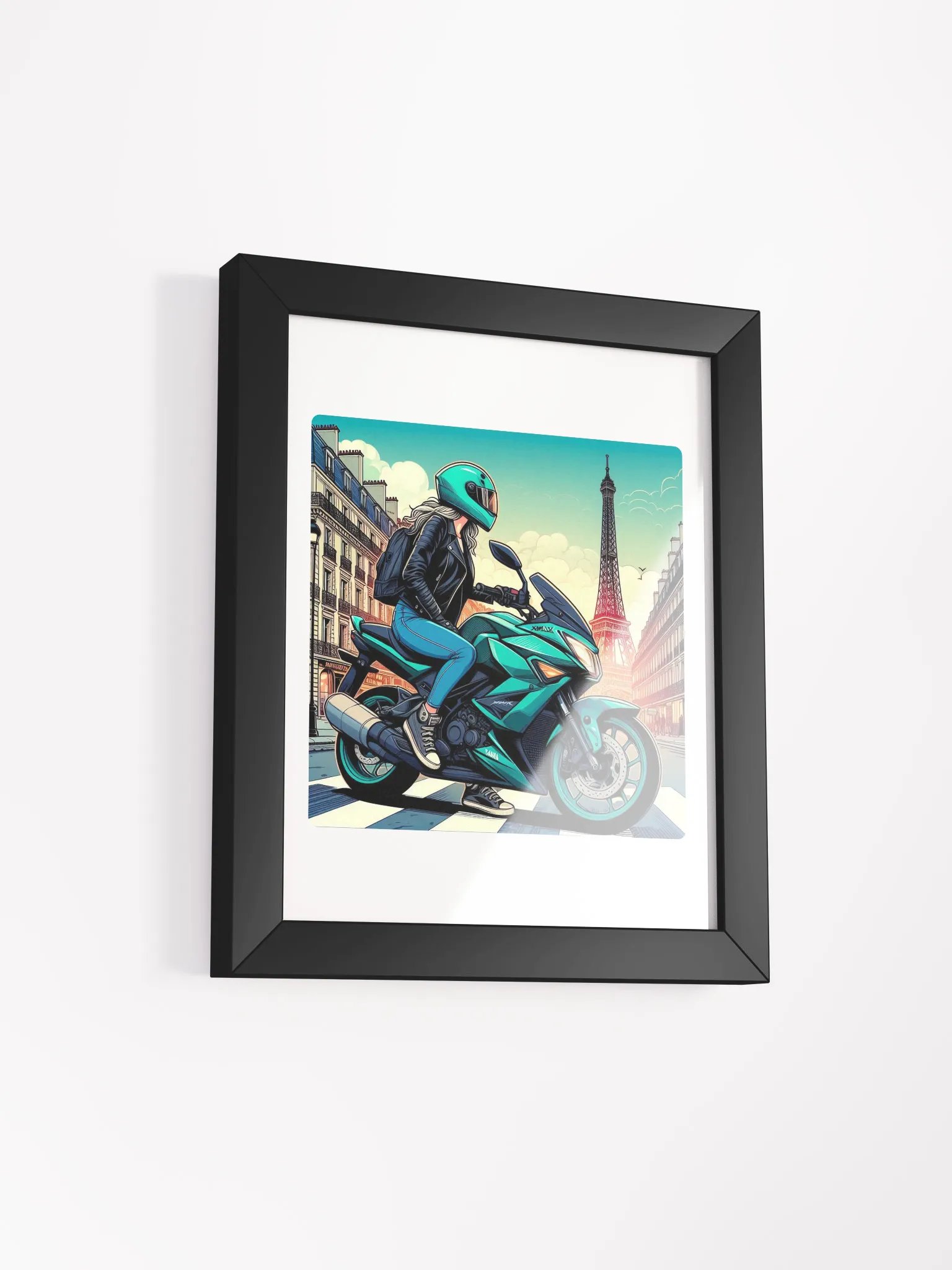 Vibrant Ayous Wood Framed Matte Poster | Biker women in Paris city France AIwork product image (2)