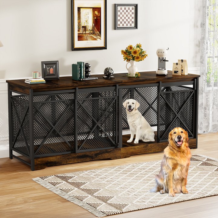 78 Inch Double Dog Crate Furniture, Extra Large Dog Kennel Indoor for Medium Large 2 Dogs, Heavy Duty Dog Cage Chew-Resistant Steel and Wooden Pet House with Removable Divider (Brown) product image (1)