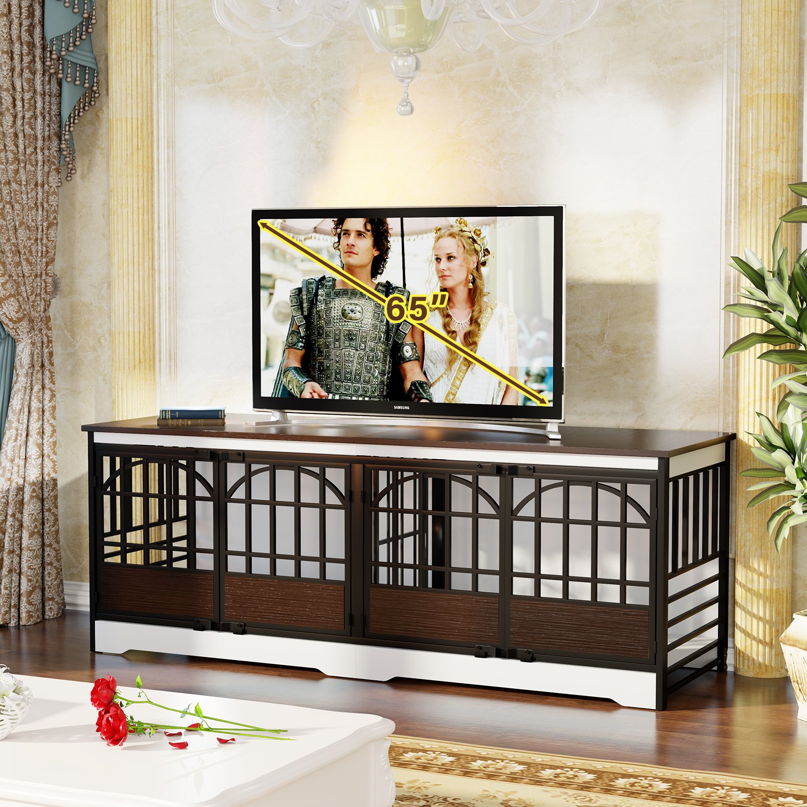 86 Inch Double Dog Crate Furniture for 2 Large Dogs, Decorative Dog Kennel Indoor TV Stand, Heavy Duty Wooden Dog Cage for Large Medium Dogs Sized Dog Pet House with Divider (White) product image (10)