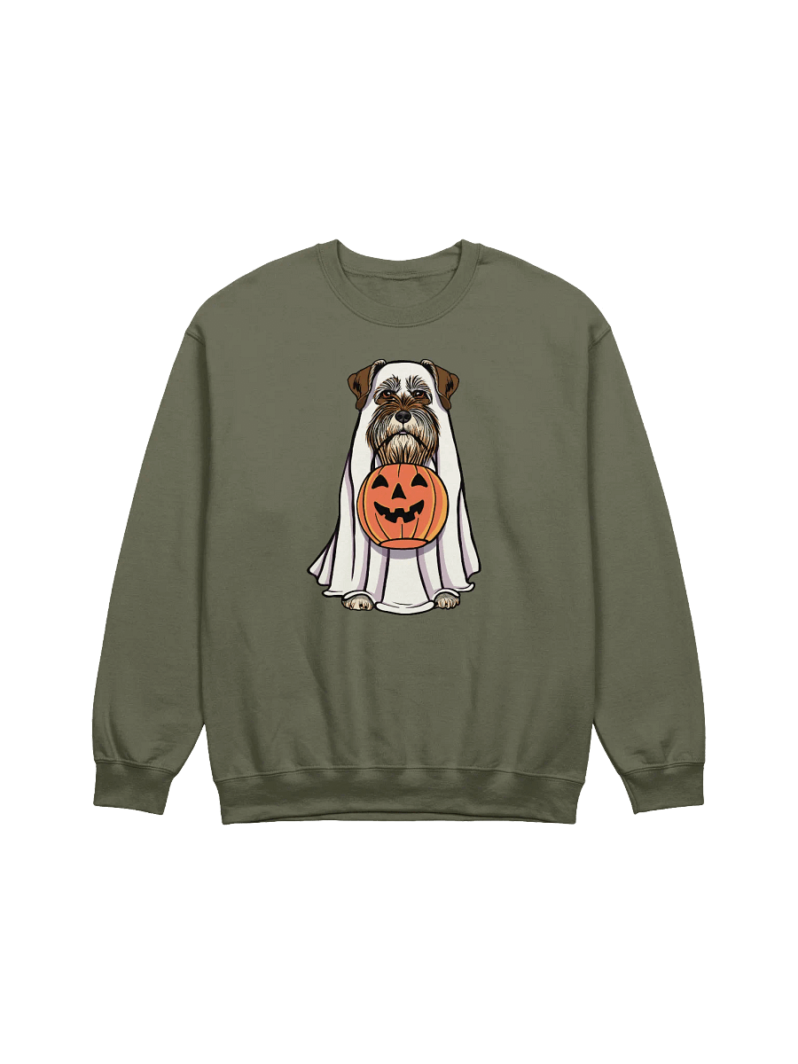 Funny Halloween Schnauzer(Liver) Sweatshirt | Funny Schnauzer Wearing a Ghost Costume and Holding a Pumpkin Basket product image (17)