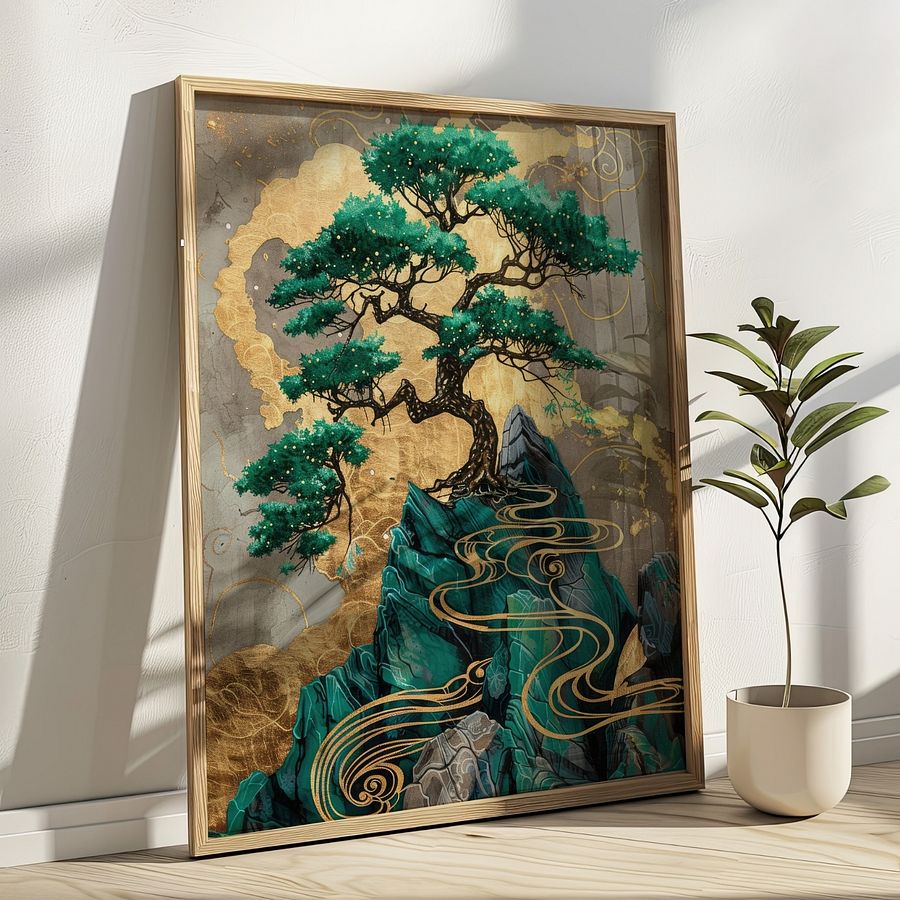 Emerald Green& Gold Kintsugi Bonzai Tree Japanese Art Print product image (19)