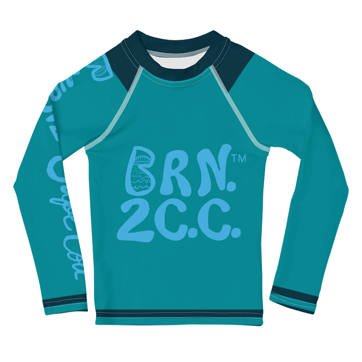 Boys' | Kids Rash Guard | BRN.2C.C.™ Front Print | BOURNE to Cape Cod™ Back & Sleeve Logo | Coastal UV Shirt for Active Kids | Slim Fit Swim Top | Blue Logo on Blue Stripes product image (1)