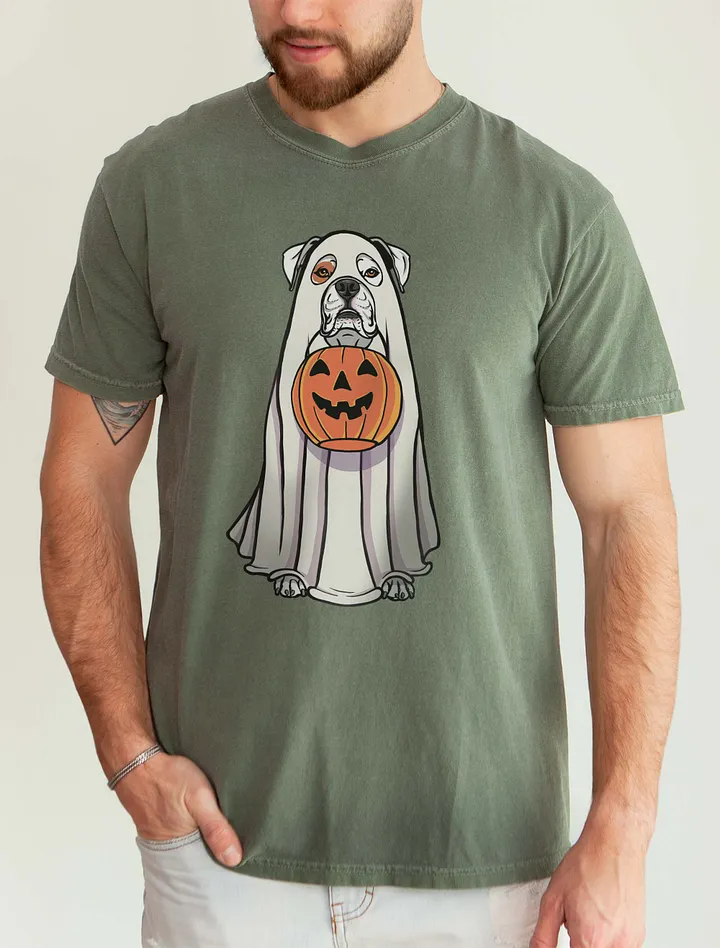 Funny Halloween Boxer(White) Dog T-Shirt | Funny Boxer Wearing a Ghost Costume and Holding a Pumpkin Basket product image (5)