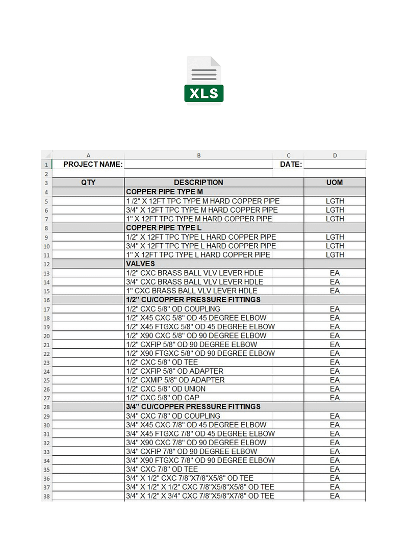 Domestic Water Cu BOM MS Excel Template No.1 & No. 2