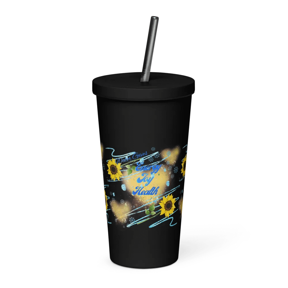 Insulated Tumbler with straw with beautiful swirly  water drop splash and drops design, featuring ‘This water gives Harmony in Body and Mind