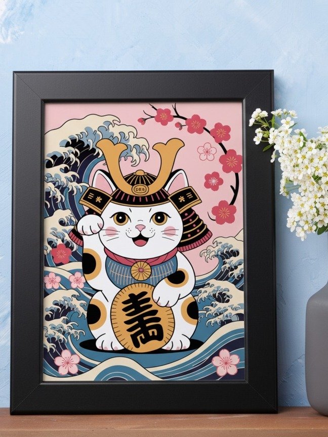 Samurai Maneki-Neko Framed Art Print | Japanese Lucky Cat Wall Decor product image (1)