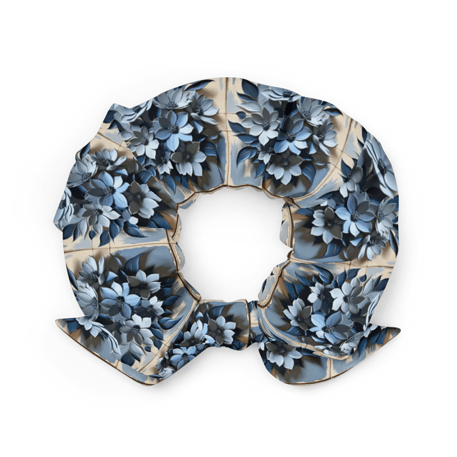 Hair Scrunchie - Painted Floral and Tile Pattern in Shades of Blue product image (3)