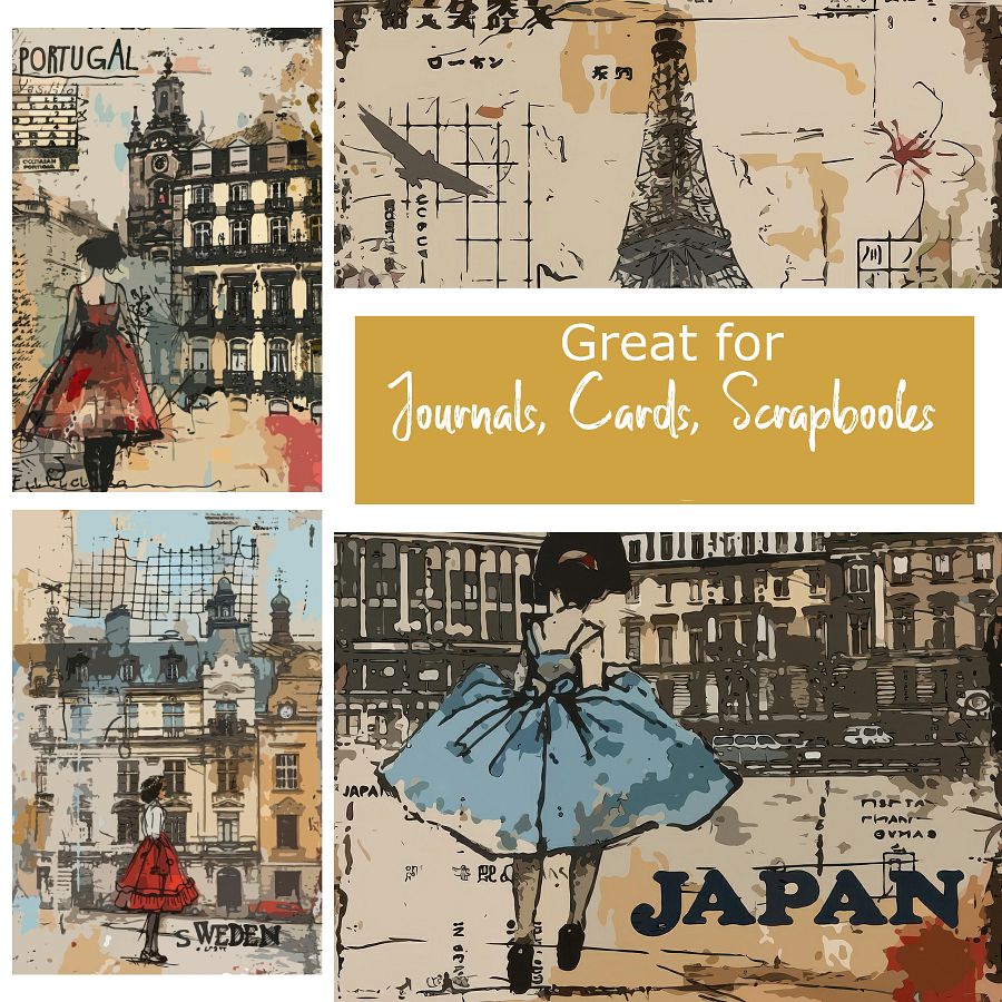 Vintage Style Junk Journal Travel Poster Cards Set - Artistic Illustrations of Global Destinations Scrapbook Decoupage product image (2)