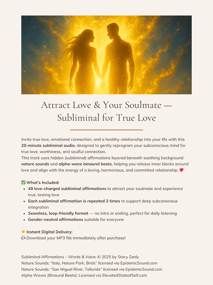 Attract Love & Your Soulmate - Subliminal for True Love | MP3 Audio Download product image (2)