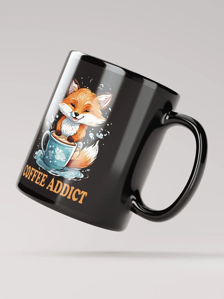 Coffee Addict Funny Black Glossy Mug | Double-Sided Cute Fox Holding Coffee Cup Design | Perfect Gift for Coffee Lovers product image (2)