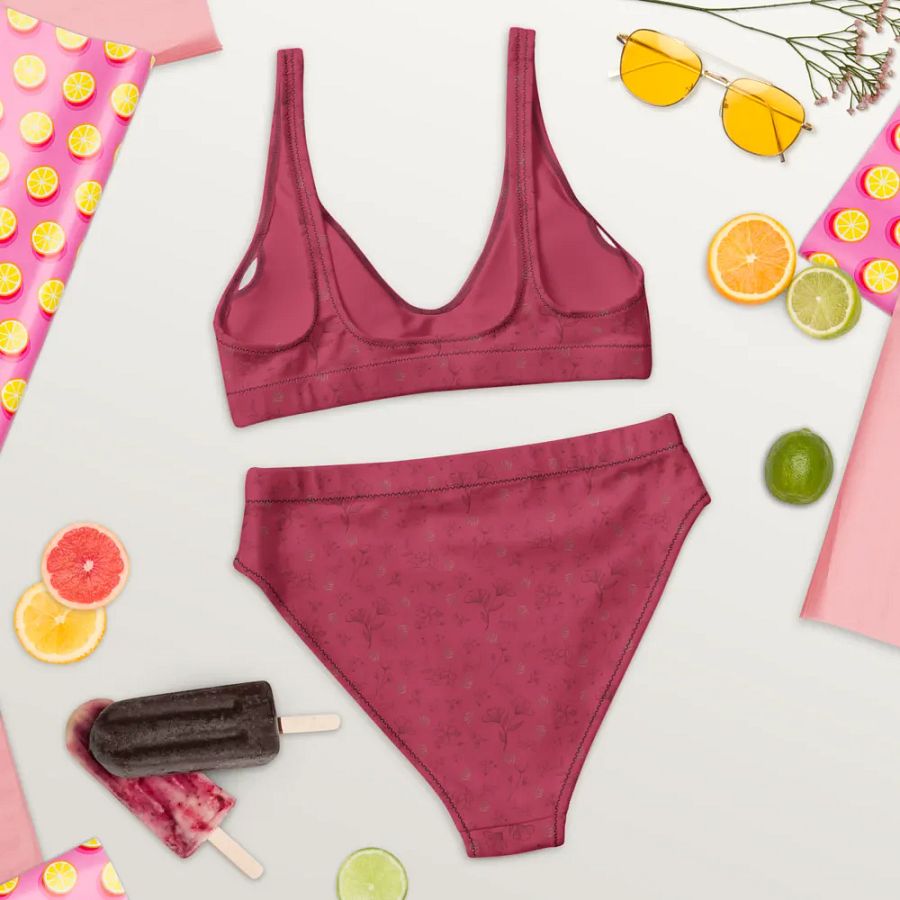 Gold Leaves and Chocolate Flowers on Magenta Eco-Green High Waisted Bikini product image (7)
