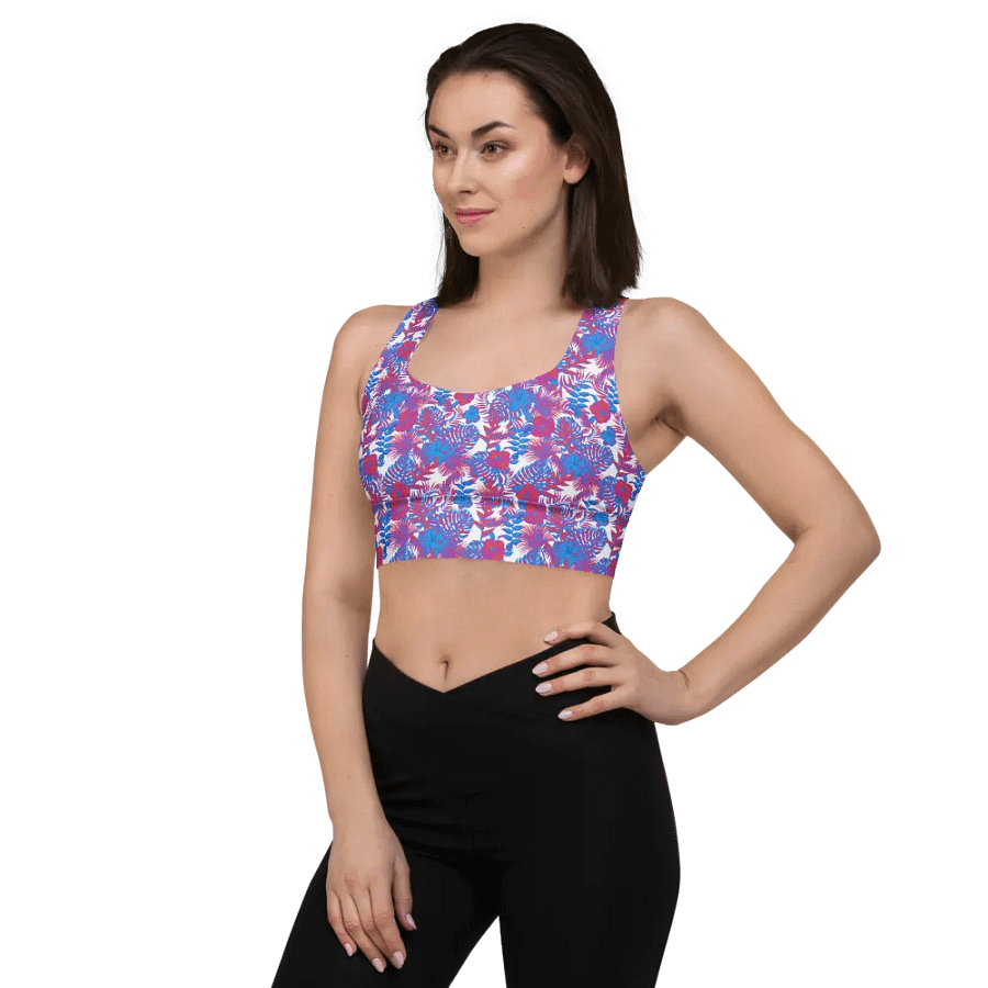 Longline sports bra in  blue and pink colors tropical leaves design. Perfect for holiday vibes product image (11)