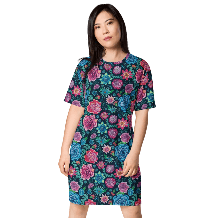 Pink and Blue Bold Coastal Blooms on Dark Blue | T-Shirt Dress | Oversized Dress | Ocean-Inspired Casual Style | Ce Soir Background product image (1)