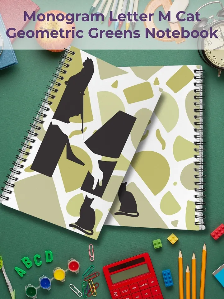 Monogram Letter M Cat Lover Geometric Greens Notebook product image (1)
