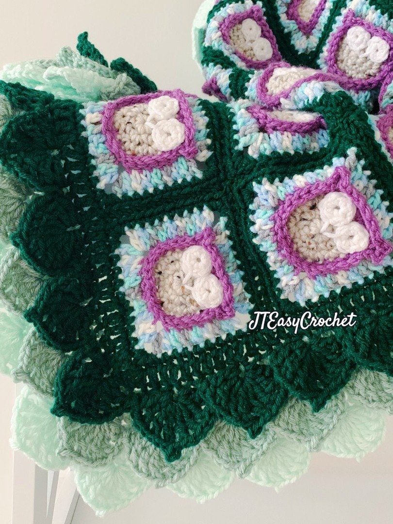 Whimsical Owls Forest Woodland Granny Square Blanket with Leaf Edging, Forest Theme Nursery Decor Crochet Pattern product image (5)